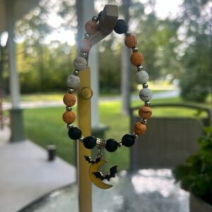 Halloween Moon and Bat Charm Beaded Bracelet.